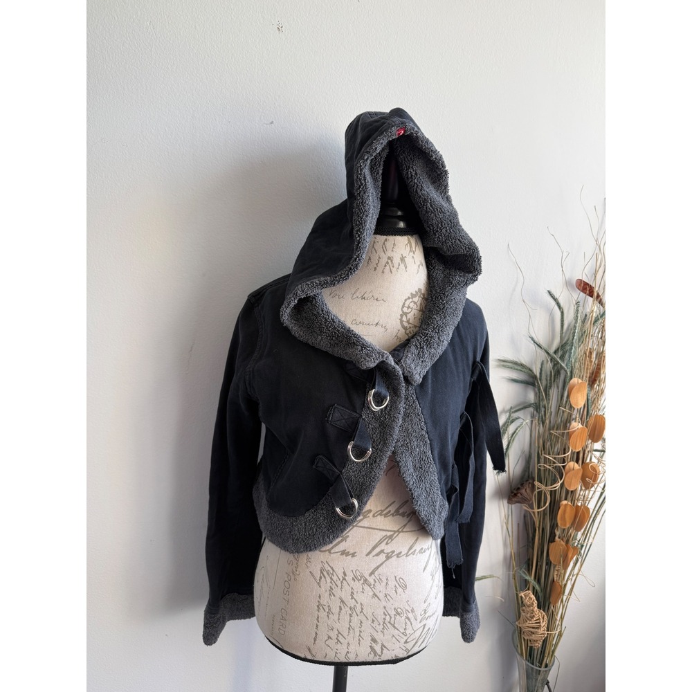 Hard Tail Forever Womens Black Cropped Sherpa Trim Hooded Toggle Jacket Size M